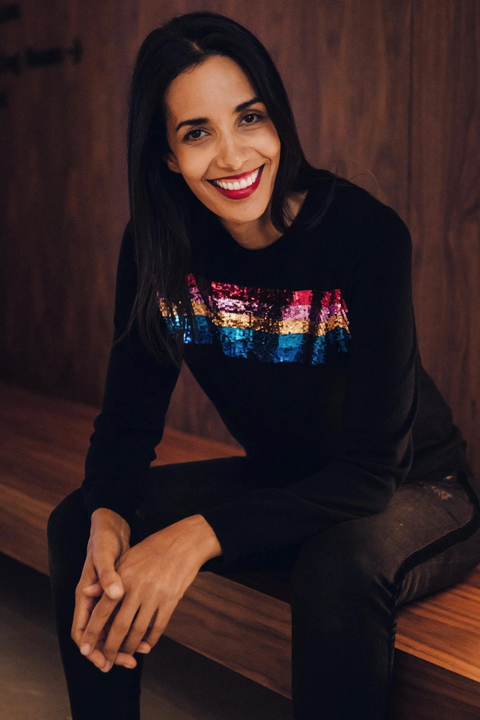 Sugarhill Cece Sequin Jumper Black Rainbow Split - BouChic 