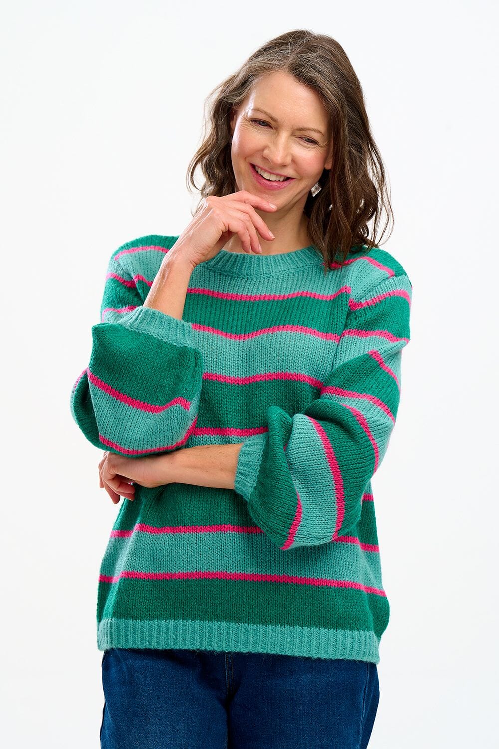 Sugarhill Essie Jumper Green, Pink Highlight Stripes - BouChic 