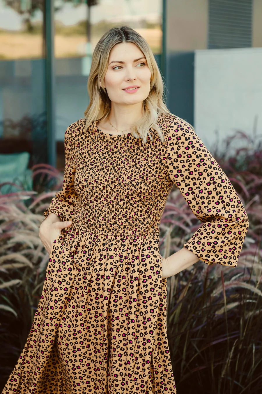 Sugarhill Latisha Midi Shirred Dress Animal Floral Tan - BouChic 