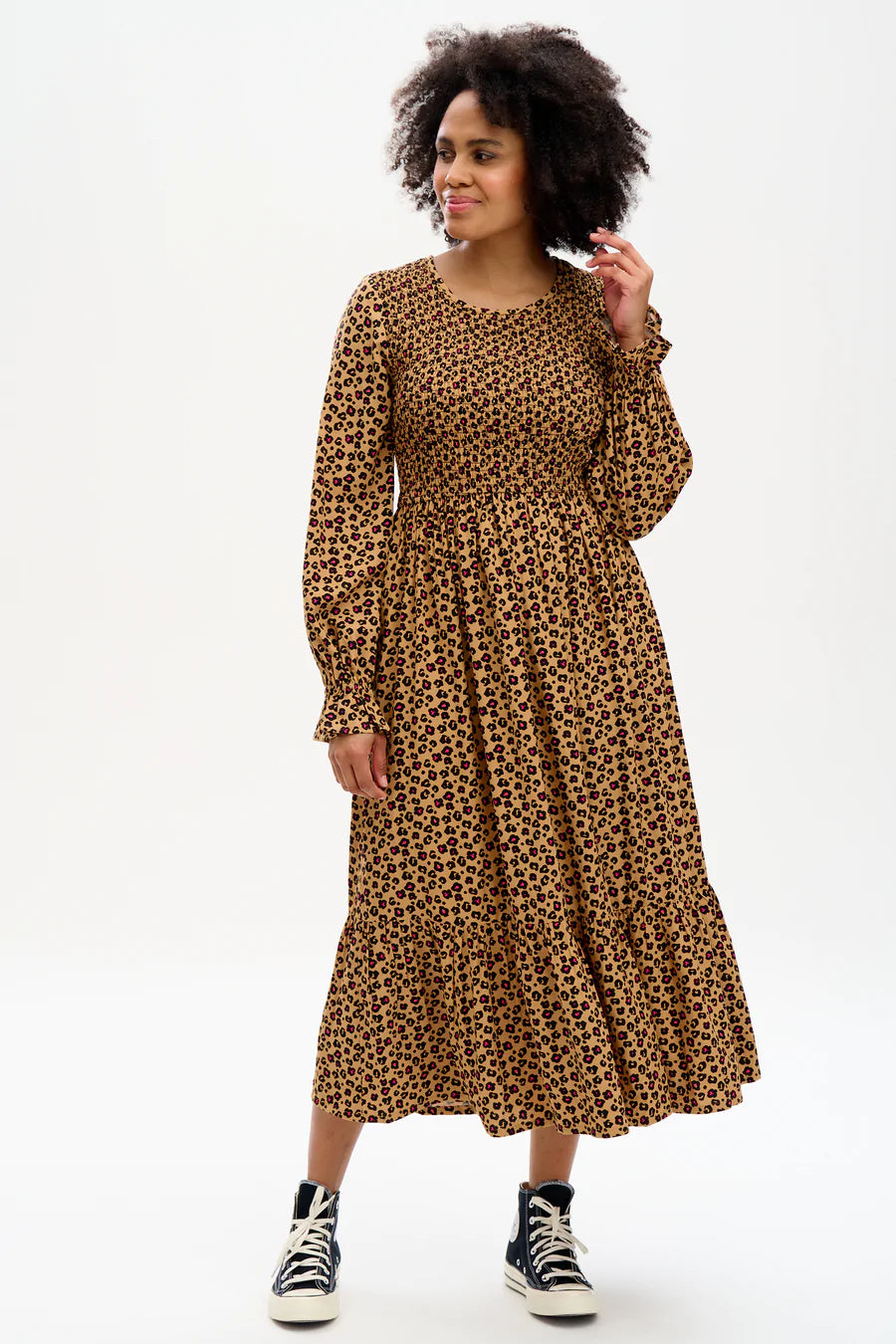 Sugarhill Latisha Midi Shirred Dress Animal Floral Tan - BouChic 
