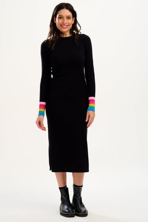 Sugarhill Liselle Midi Knit Dress Rainbow Stripe Cuffs Black - BouChic 