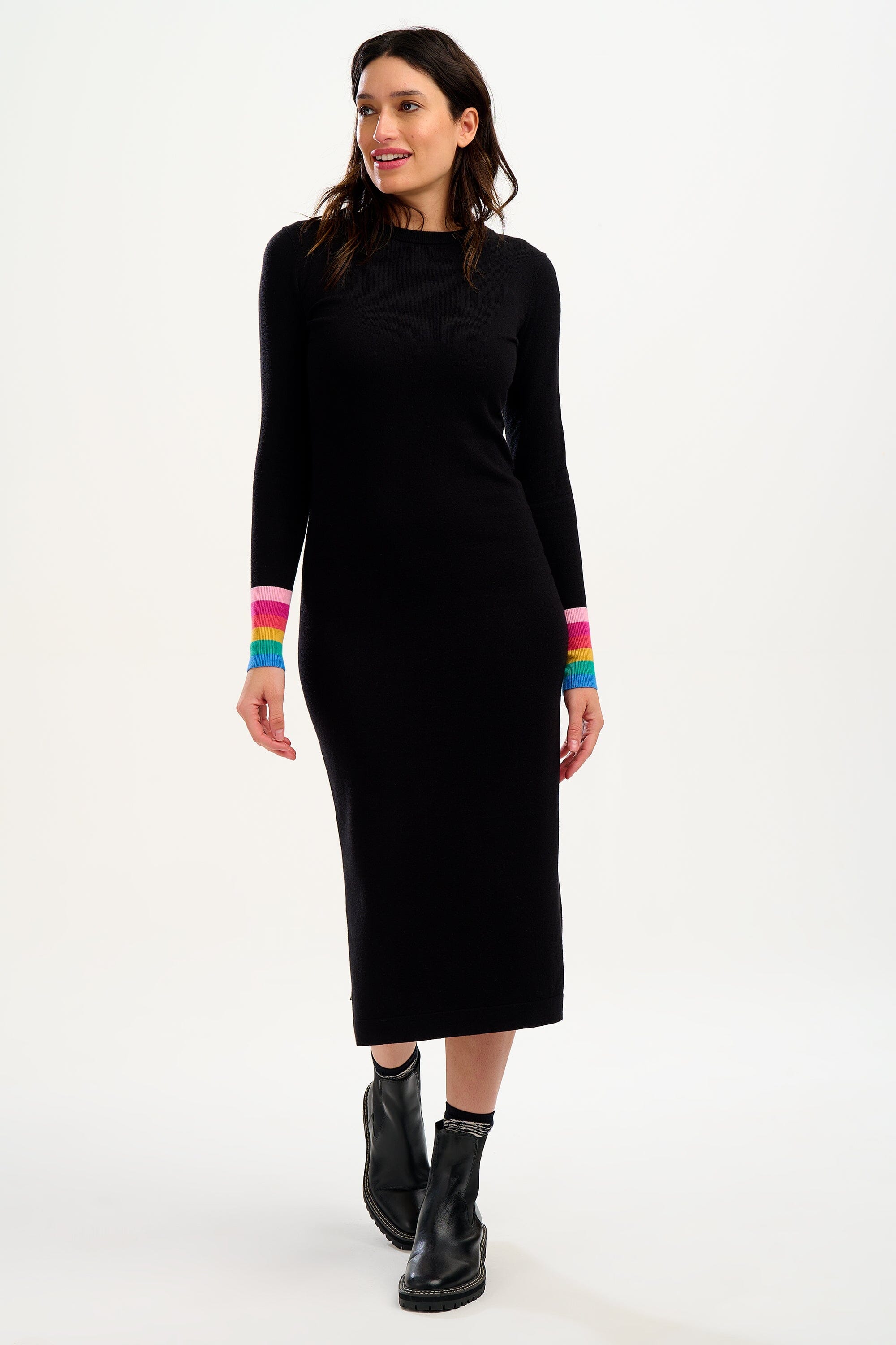 Sugarhill Liselle Midi Knit Dress Rainbow Stripe Cuffs Black - BouChic 