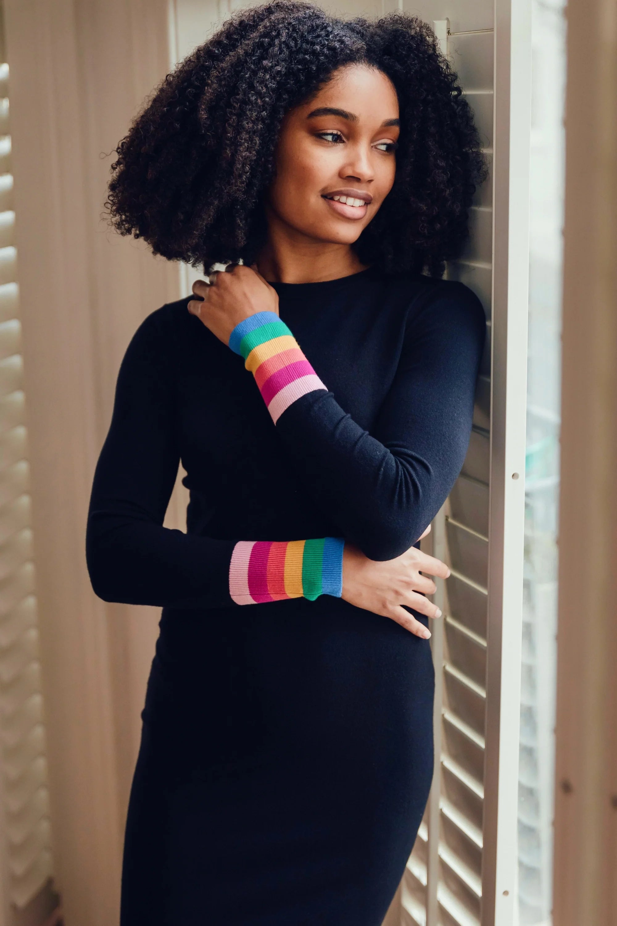 Sugarhill Liselle Midi Knit Dress Rainbow Stripe Cuffs Black - BouChic 