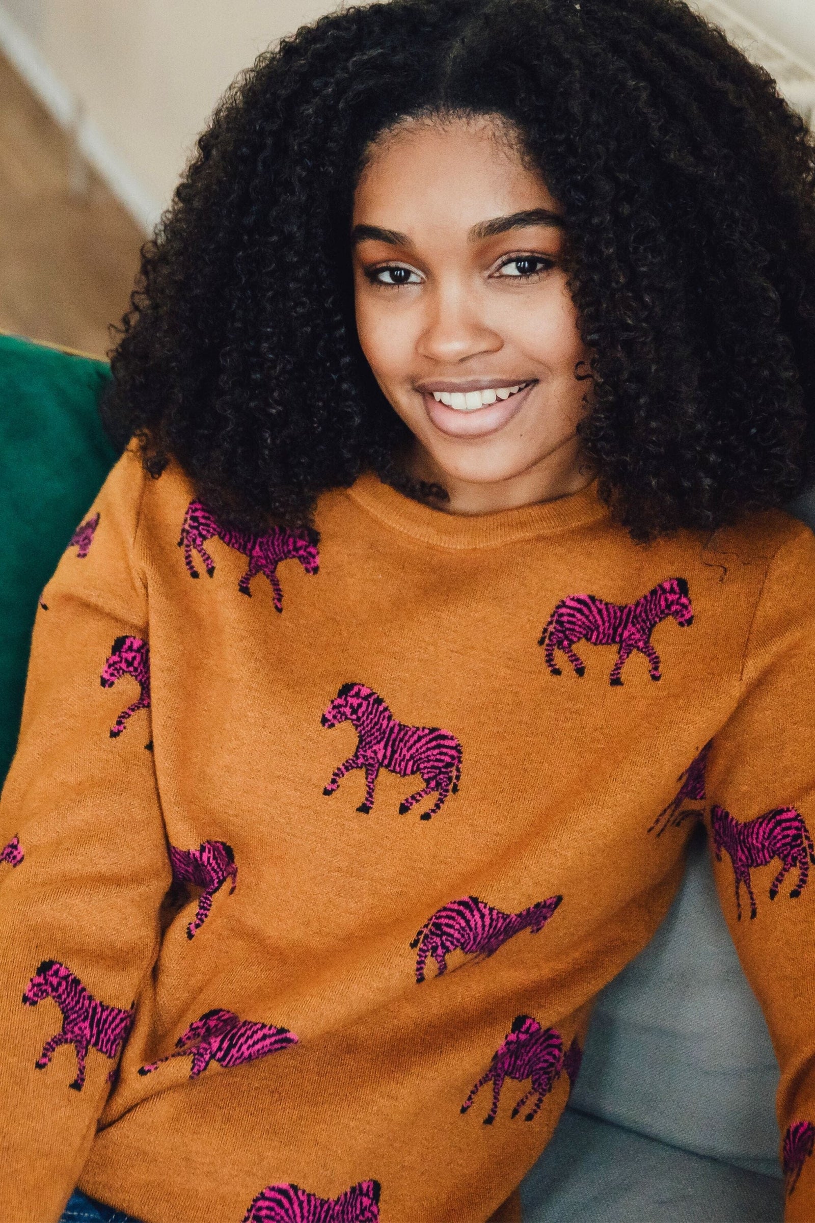 Sugarhill Lizzie Jumper Tobacco, Vibrant Pink Zebras - BouChic 