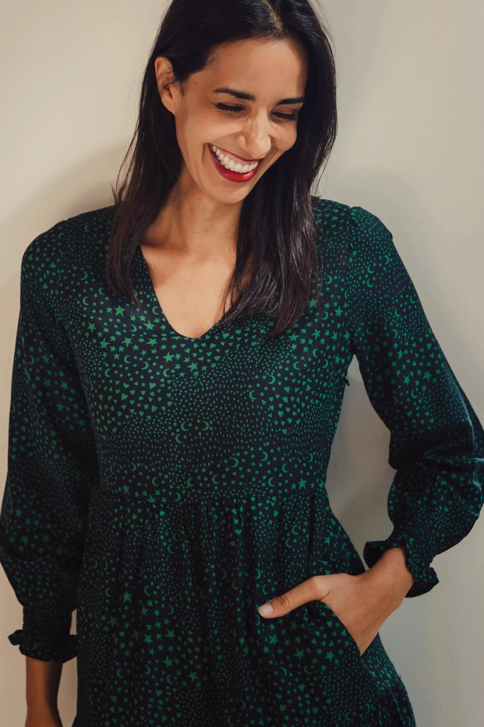 Sugarhill Nola V-neck Tiered Maxi Dress - Black/green, Star Polka Patchwork - BouChic 