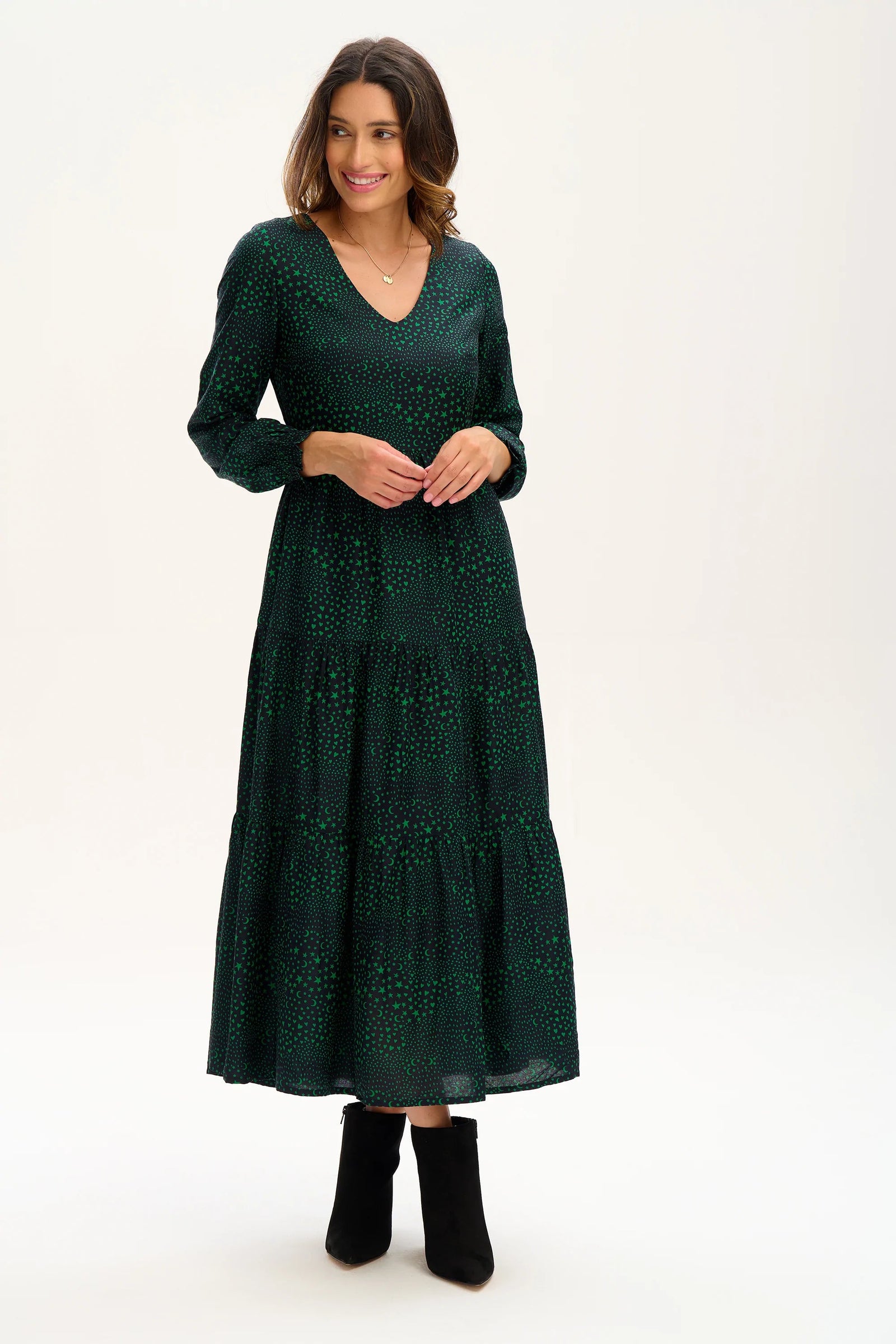 Sugarhill Nola V-neck Tiered Maxi Dress - Black/green, Star Polka Patchwork - BouChic 