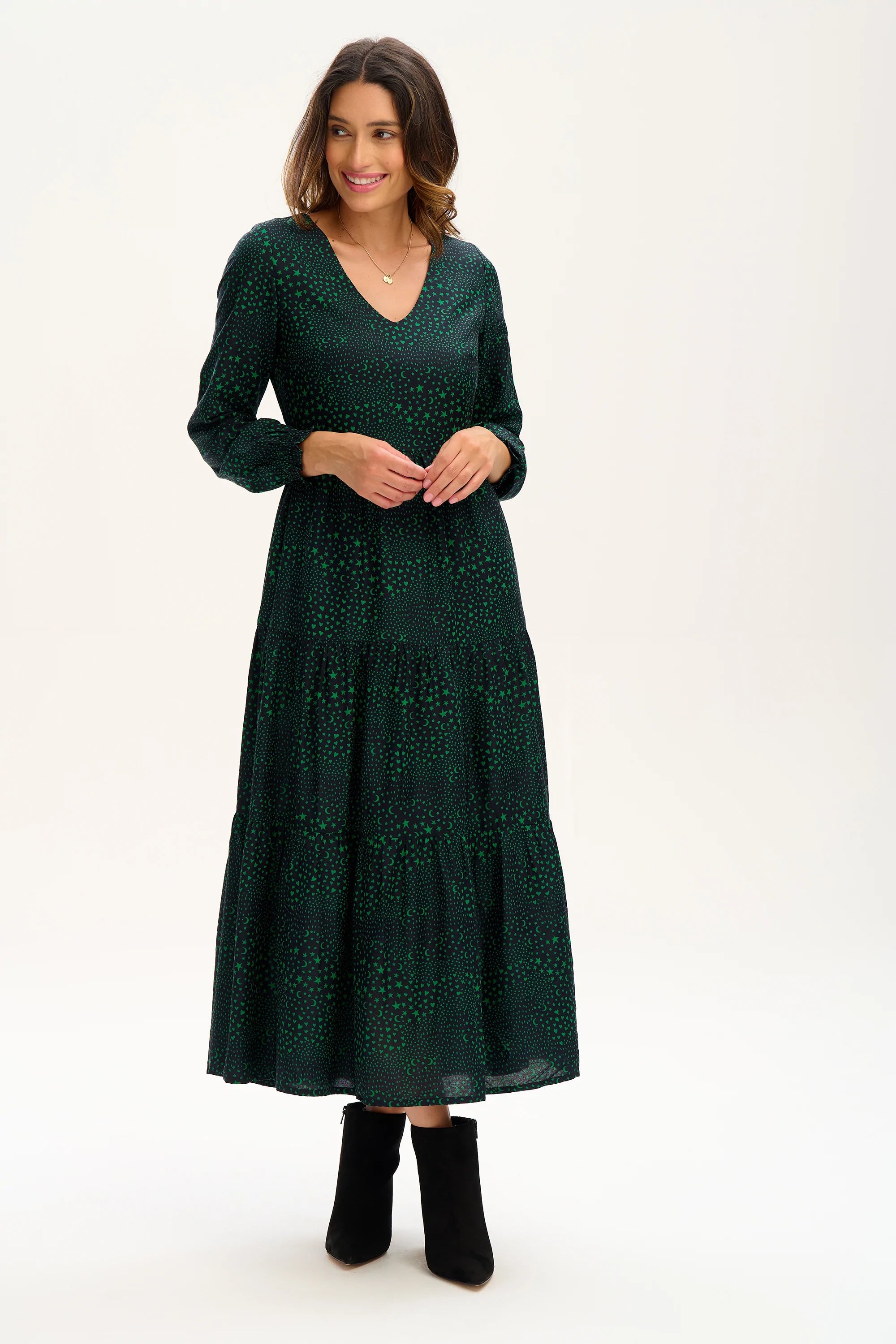 Sugarhill Nola V-neck Tiered Maxi Dress Black/green, Star Polka Patchwork