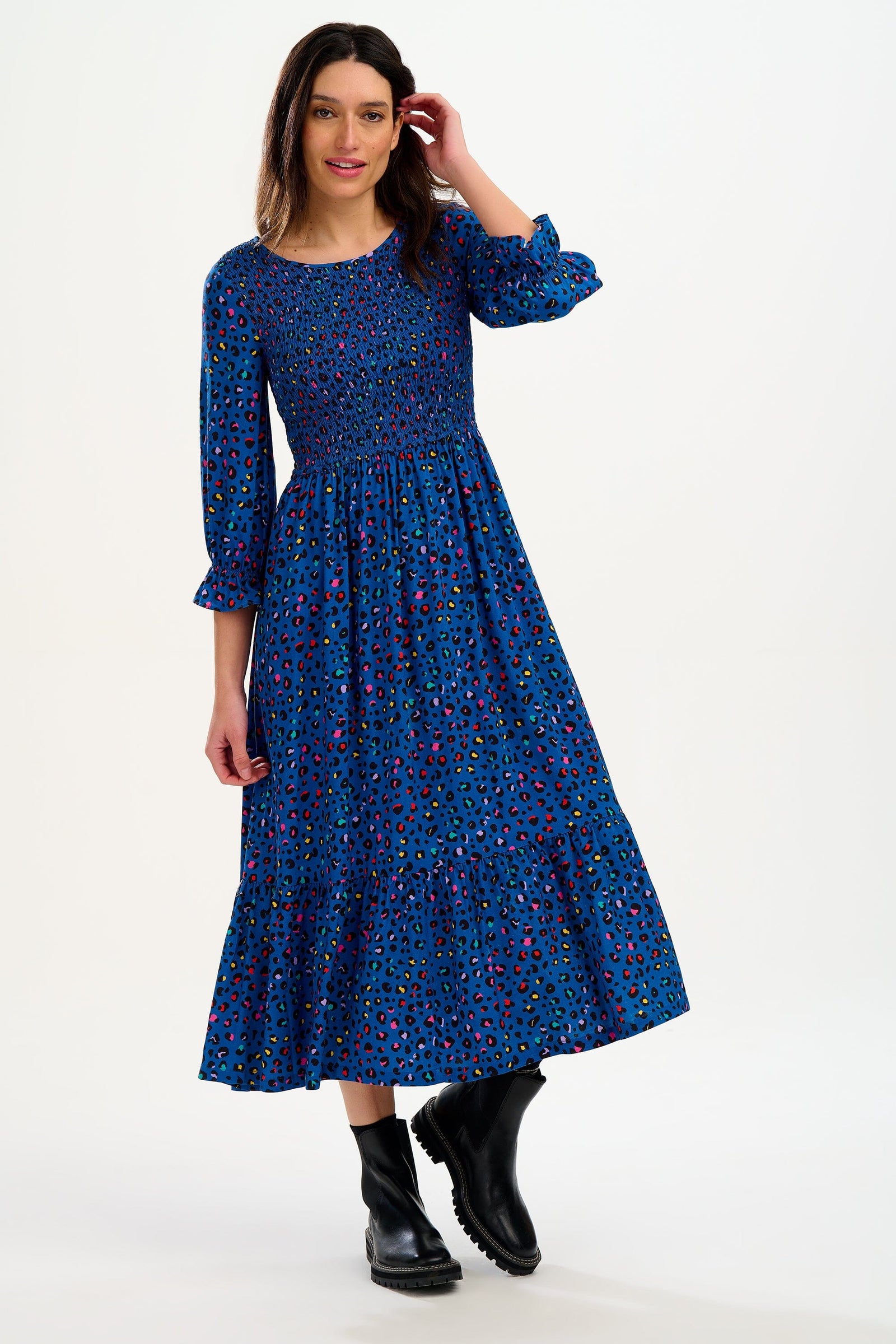 Sugarhill Quill Midi Shirred Dress - Light Navy, Rainbow Leopard - BouChic 