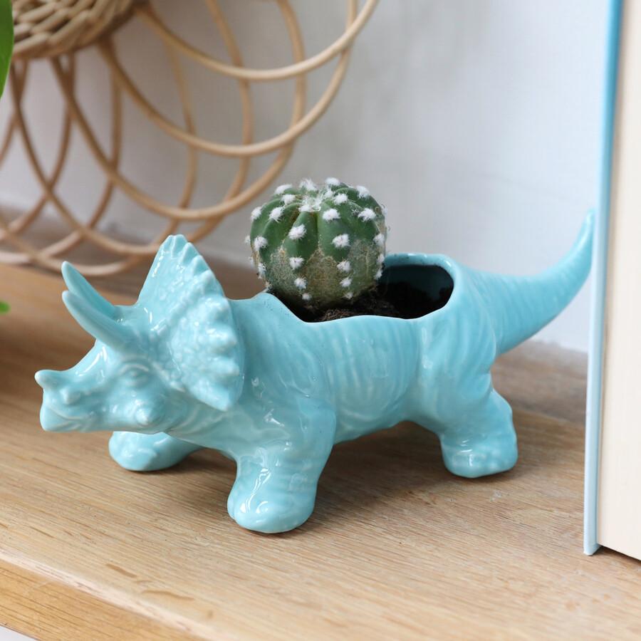 Triceratops Dinosaur Ceramic Planter Teal - BouChic 